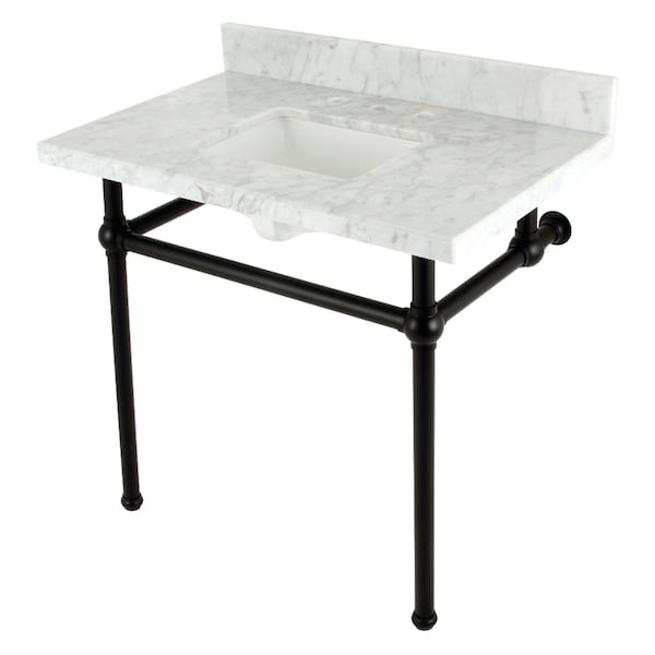Kingston Brass 36 Console Sink with Brass Legs 8Inch, 3 Hole, Marble WhiteMatte Black KVBH3622M8SQ0 - main